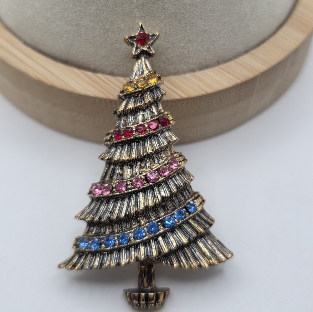 Vintage B.J. Christmas Tree Brooch Rhinestone Signed